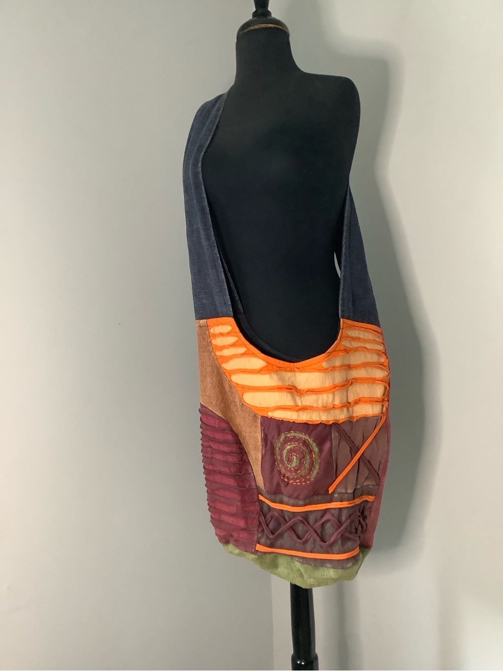 Bohemian Patchwork Sling Bag in Orange, Burgundy & Olive